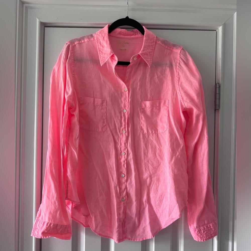 Lilly Pulitzer Sea View Linen Button-Down Top SZ M Sunrise Coral - Picture 5 of 14